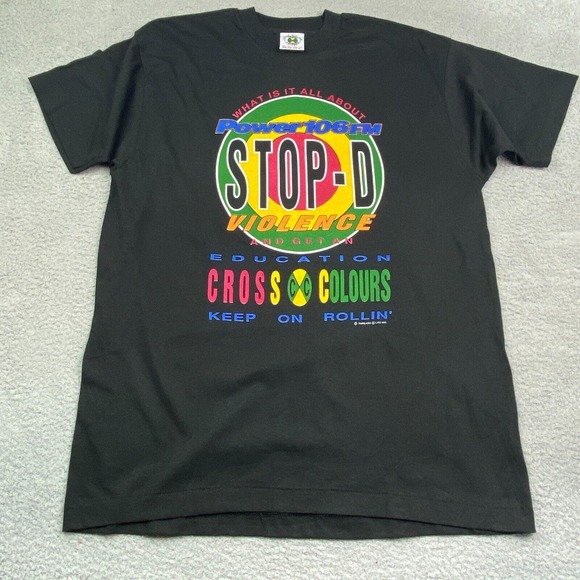 Vintage CROSS COLOURS Shirt XL Black‎ Stop D Violence Power 106 1990s Rapper USA - Picture 2 of 15